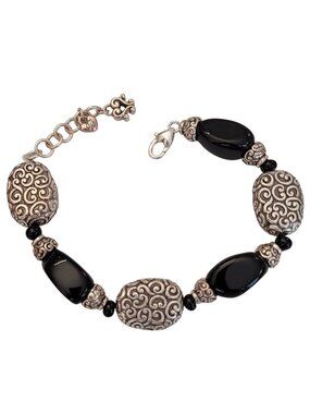 Brighton Silver Tone Textured Black Glass Bracelet 8.25” Long K332